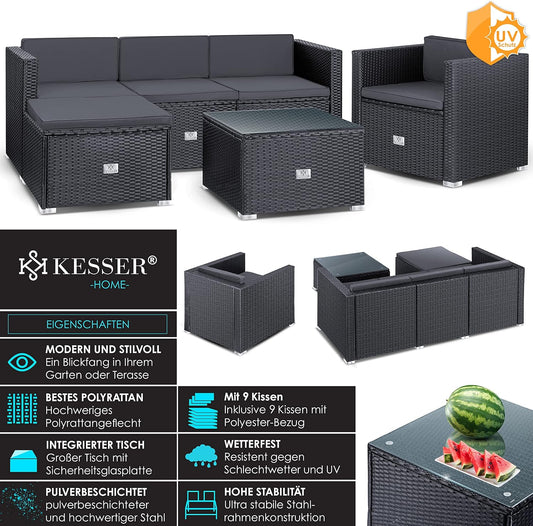 KESSER Polyrattan Lounge Aruba Anthrazit für 4-5 Personen mit Sofa, Sessel, Hocker & Tisch, Wetterfeste Gartenmöbel