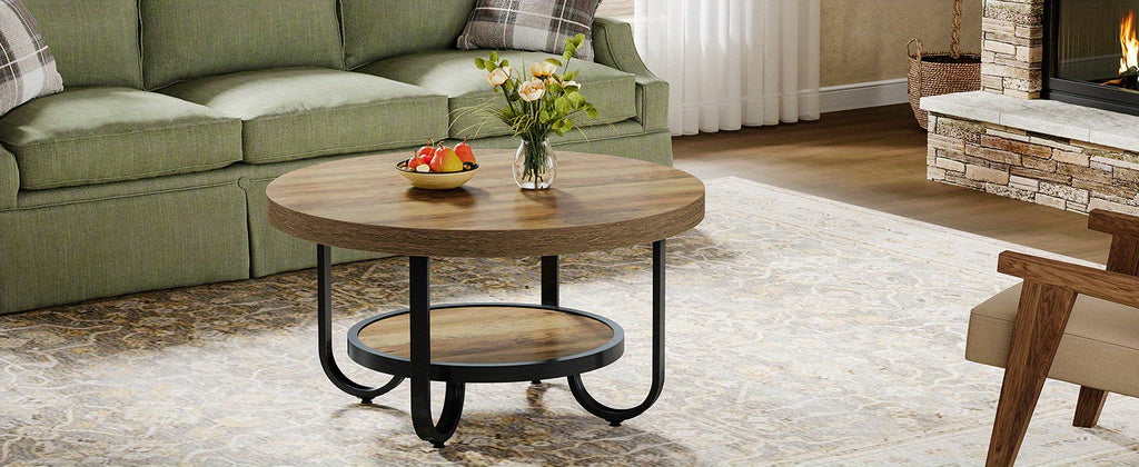 Eleganter runder Couchtisch mit Ablage – Gebogener Stahlrahmen – Ø80 cm