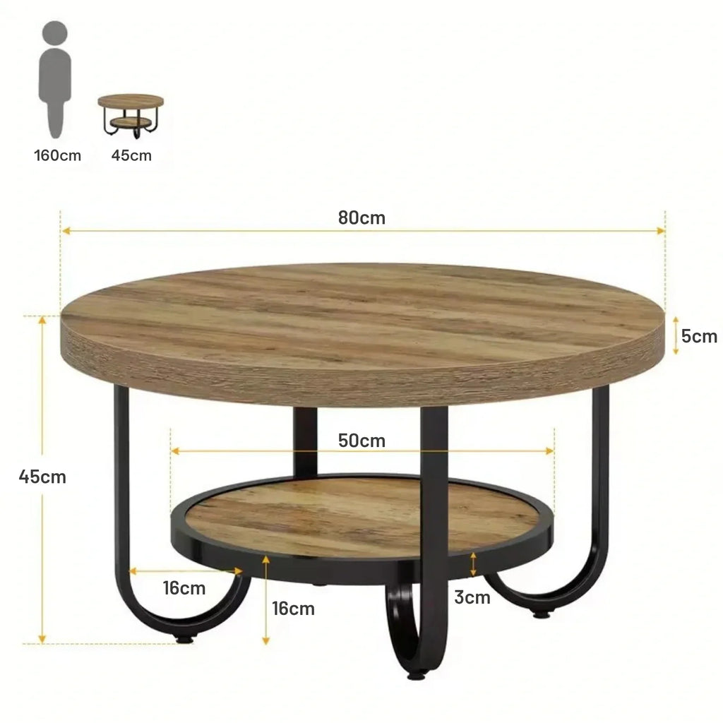 Eleganter runder Couchtisch mit Ablage – Gebogener Stahlrahmen – Ø80 cm