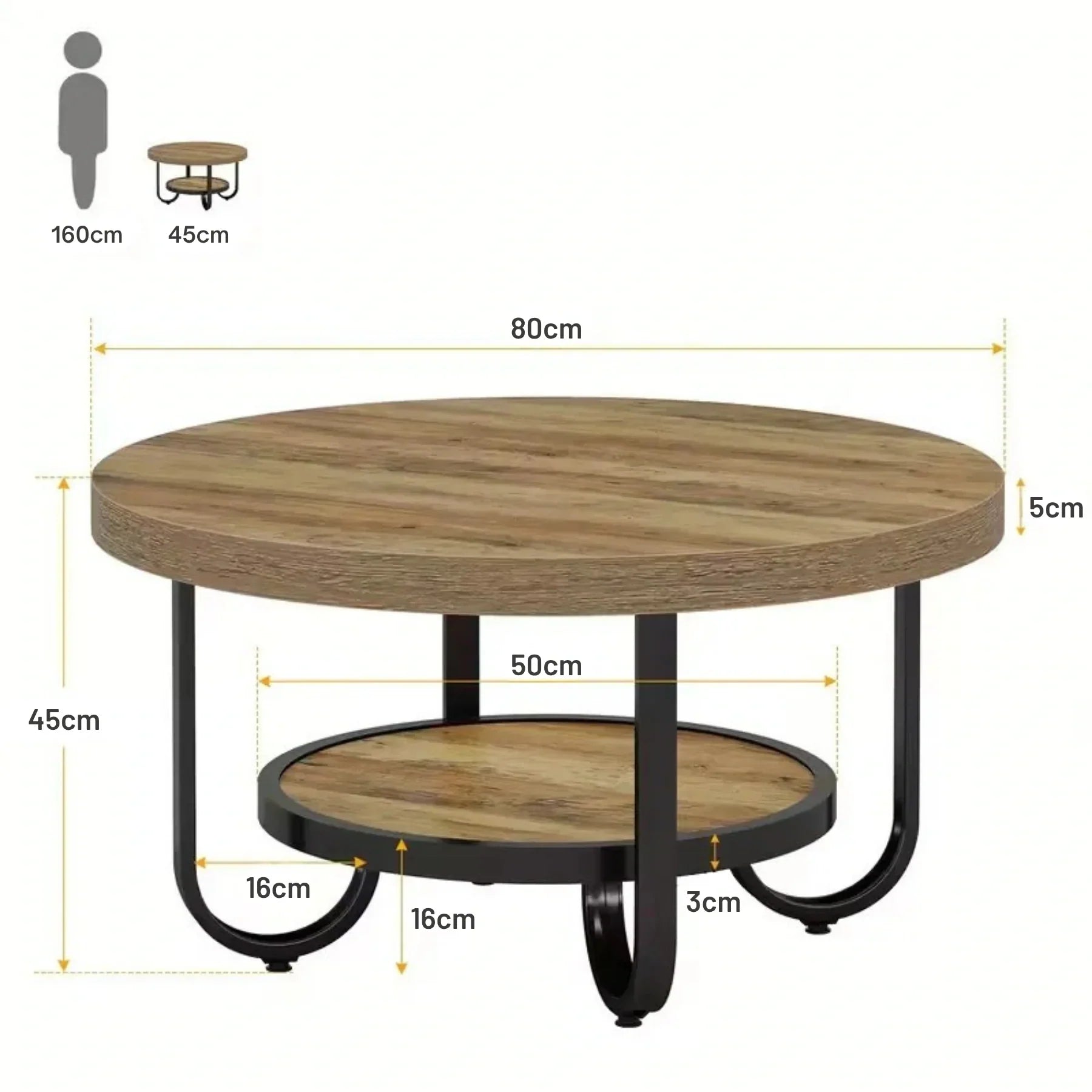 Eleganter runder Couchtisch mit Ablage – Gebogener Stahlrahmen – Ø80 cm