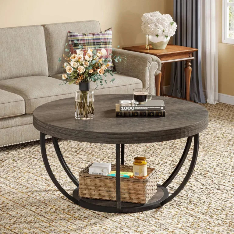 Eleganter Runder Couchtisch mit Ablageboden – Bogenförmiger Stahlrahmen – Ø80,5 cm