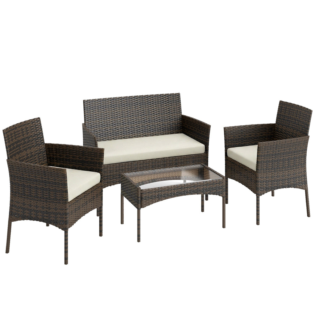 Komplette Loungegruppe aus Polyrattan für 4 Personen – Sofa, Sessel & Couchtisch mit Glas – Braun/Beige