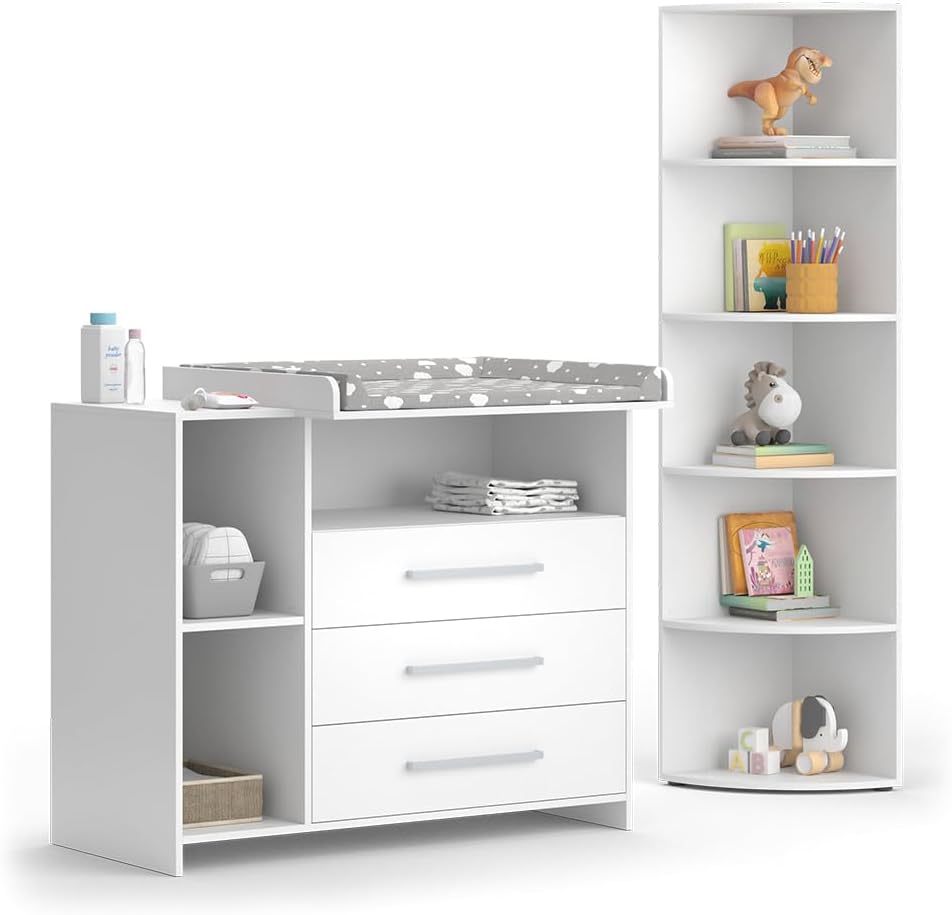 Vicco Oskar Kinderzimmer Set mit Wickelkommode & Spielzeugregal – Umbaubare Babyzimmer Möbel Weiß