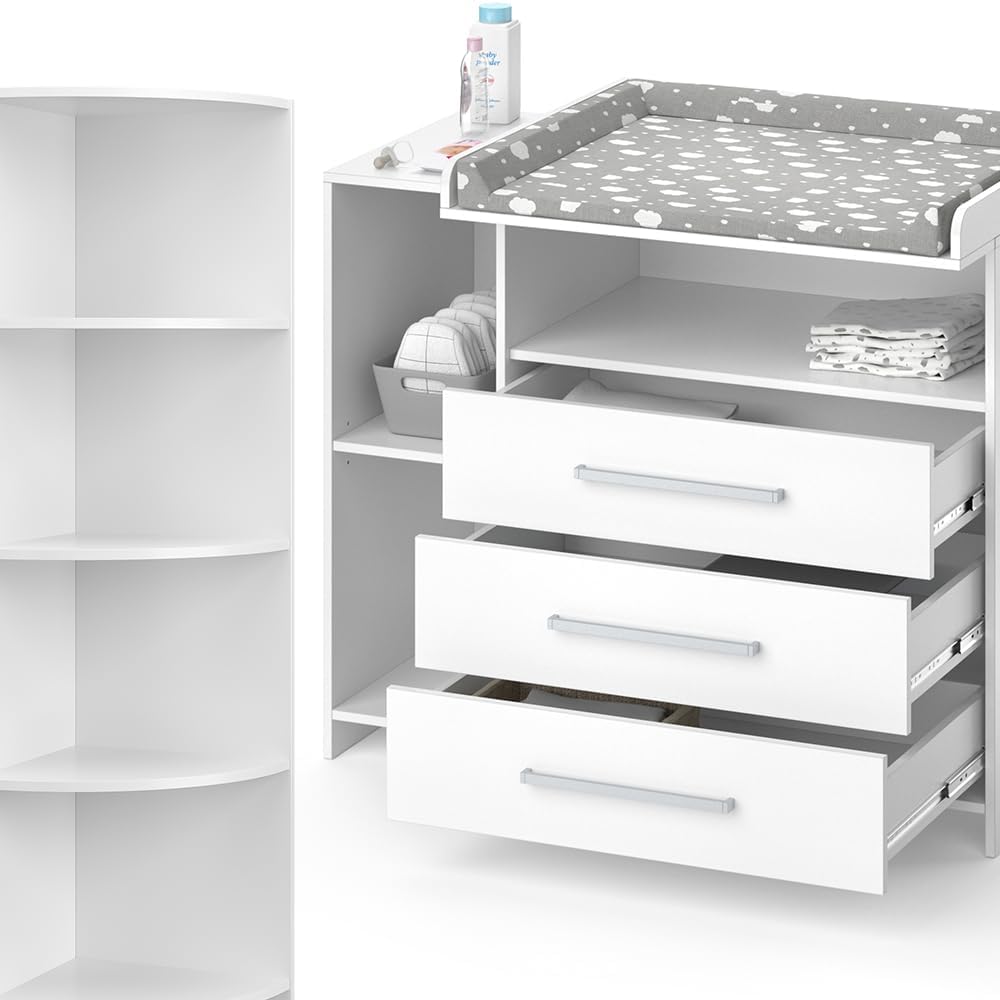 Vicco Oskar Kinderzimmer Set mit Wickelkommode & Spielzeugregal – Umbaubare Babyzimmer Möbel Weiß