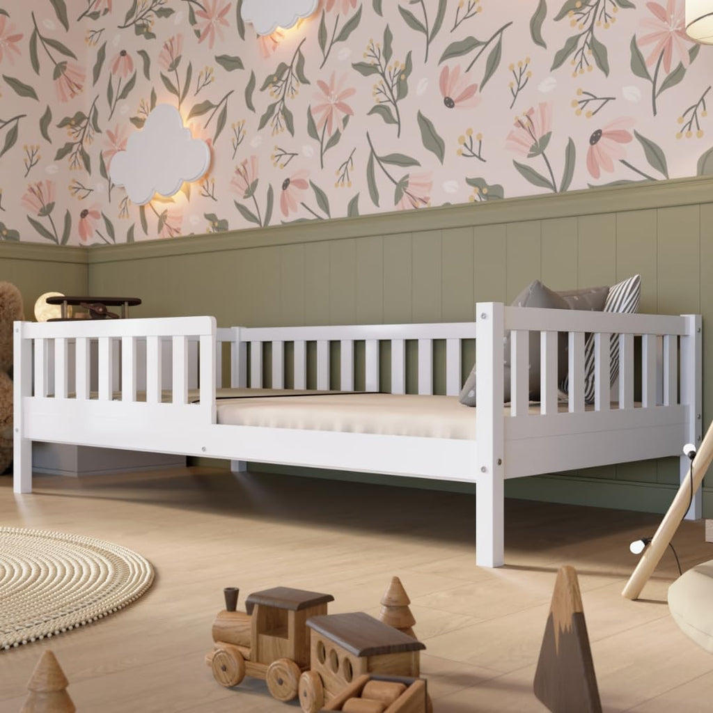 Crazy Pine Montessori Bodenbett Kinderbett Holz mit Schublade Rausfallschutz Skandinavisches Design