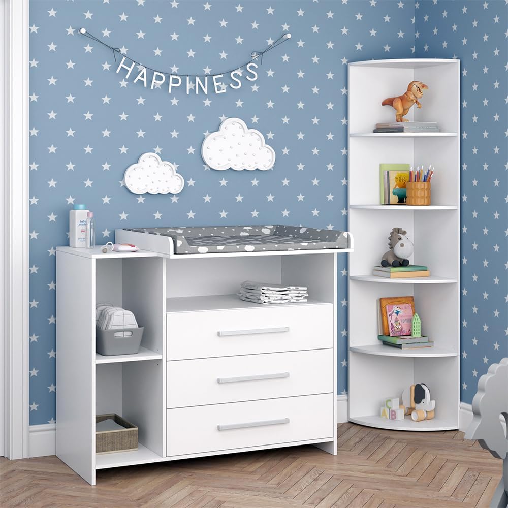 Vicco Oskar Kinderzimmer Set mit Wickelkommode & Spielzeugregal – Umbaubare Babyzimmer Möbel Weiß