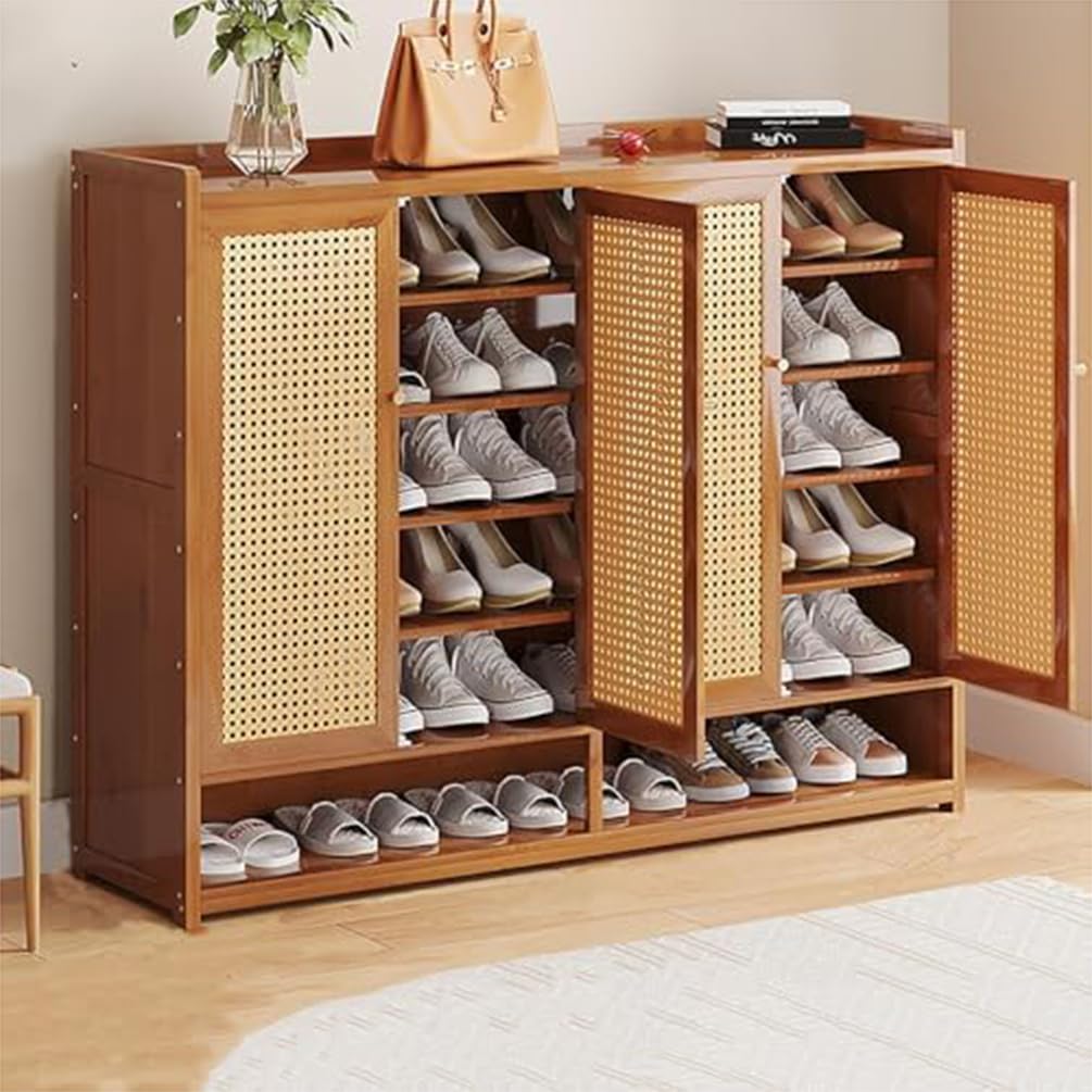 Schuhschrank Holz mit Korbgeflecht-Türen, Moderner Bambus Schuhschränke, Schuhregal mit Stauraum, Shoes Cabinet für Flur, Wohnzimmer, Schlafzimmer,H