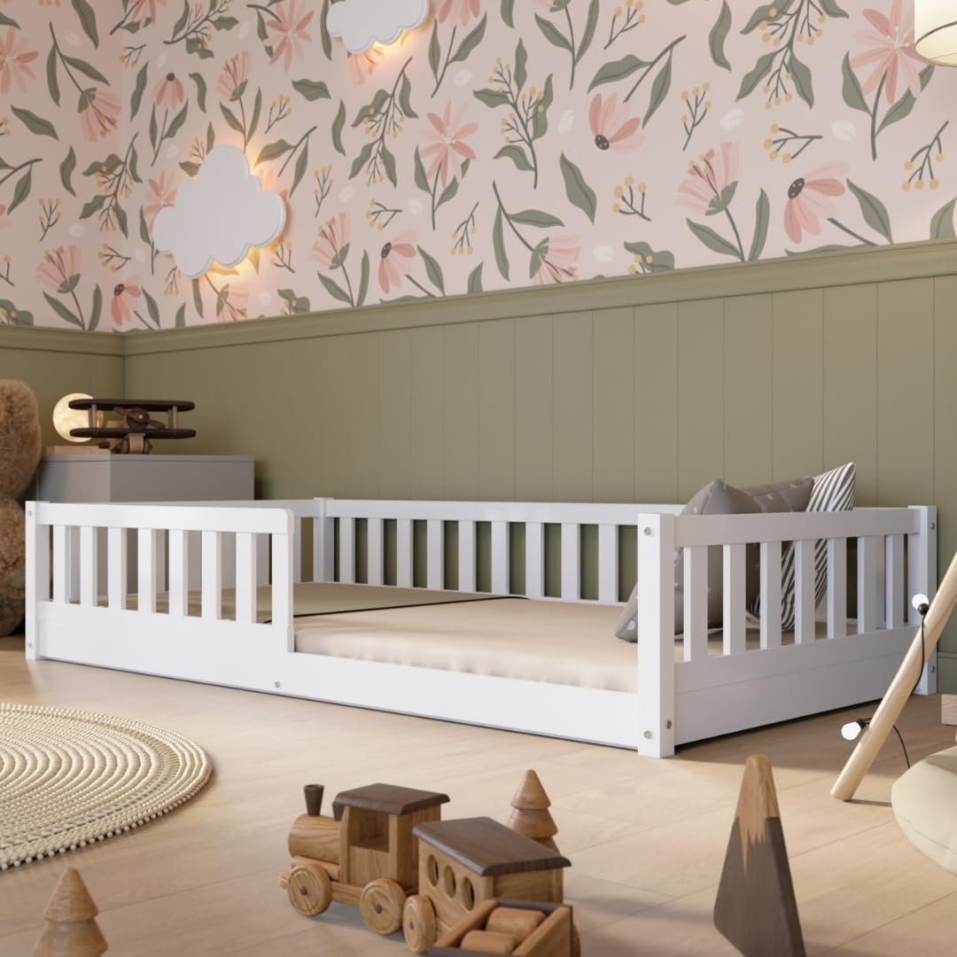 Crazy Pine Montessori Bodenbett Kinderbett Holz mit Schublade Rausfallschutz Skandinavisches Design