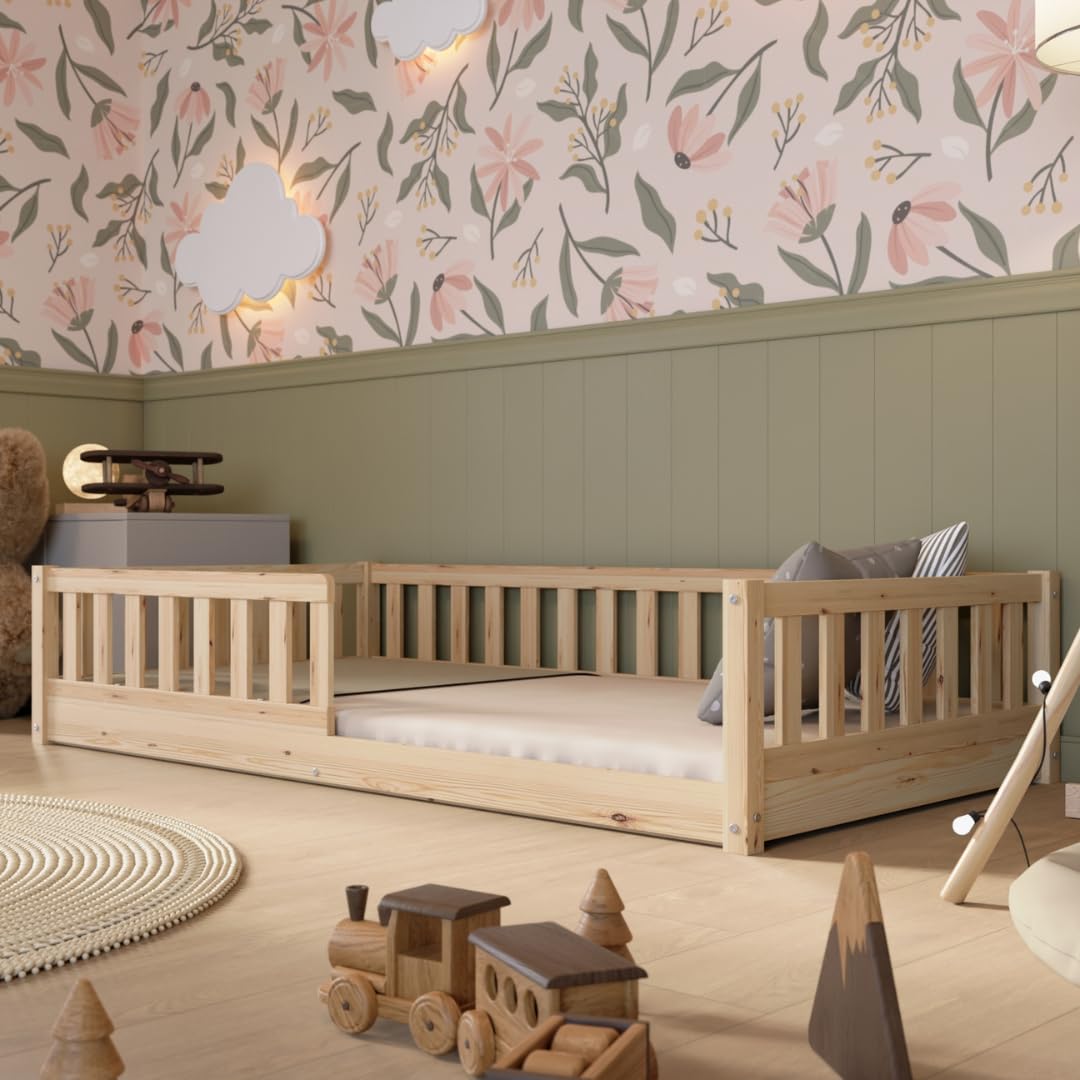 Crazy Pine Montessori Bodenbett Kinderbett Holz mit Schublade Rausfallschutz Skandinavisches Design