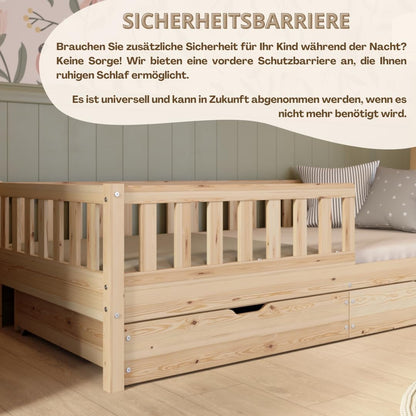 Crazy Pine Montessori Bodenbett Kinderbett Holz mit Schublade Rausfallschutz Skandinavisches Design