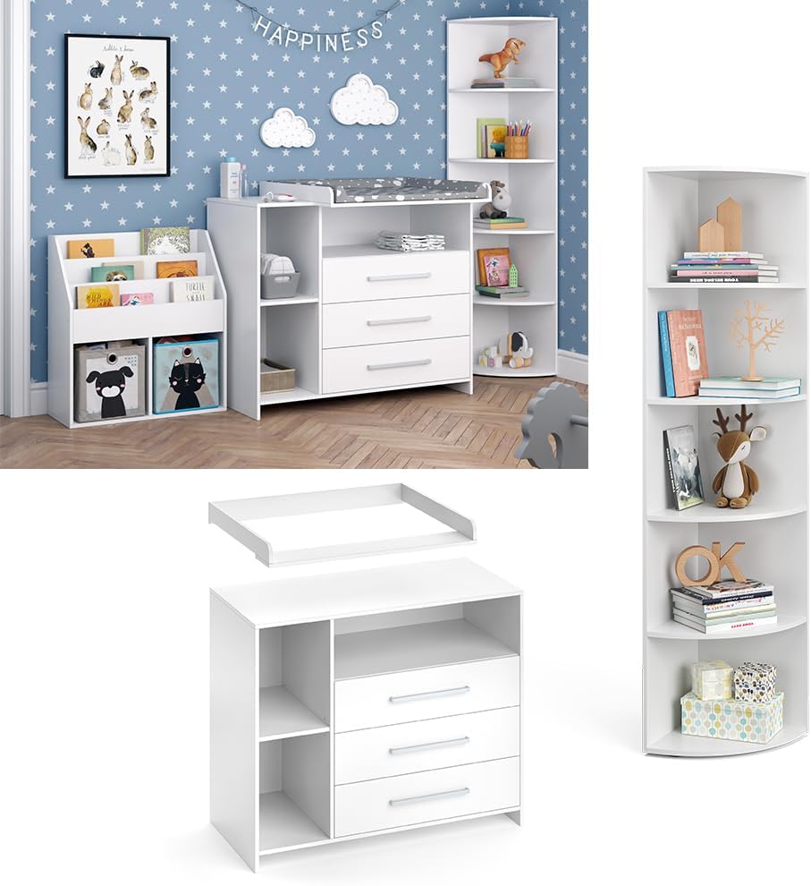 Vicco Oskar Kinderzimmer Set mit Wickelkommode & Spielzeugregal – Umbaubare Babyzimmer Möbel Weiß