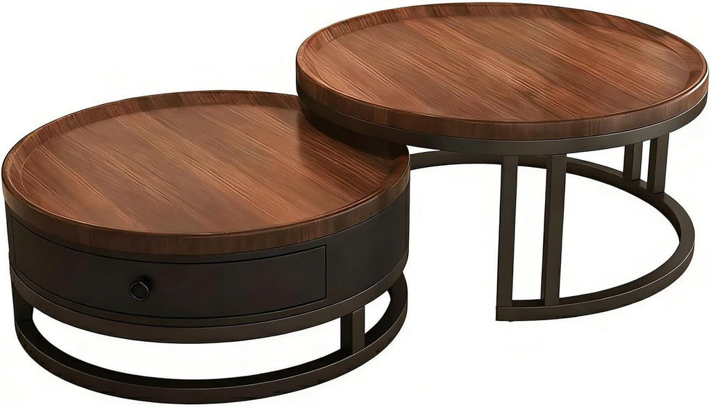 Couchtisch rund 2er Set mit Stauraum, Wohnzimmertisch mit Holz Schubladen, Walnussoptik und Metallrahmen, Moderne Kaffeetische Satztische Sofatisch für Wohnzimmer Schlafzimmer