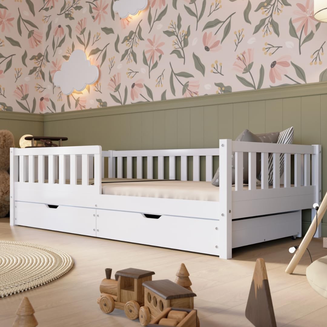 Crazy Pine Montessori Bodenbett Kinderbett Holz mit Schublade Rausfallschutz Skandinavisches Design