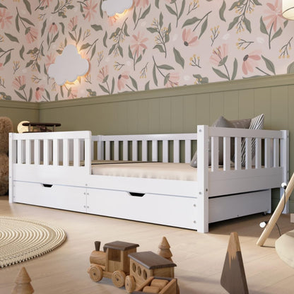 Crazy Pine Montessori Bodenbett Kinderbett Holz mit Schublade Rausfallschutz Skandinavisches Design