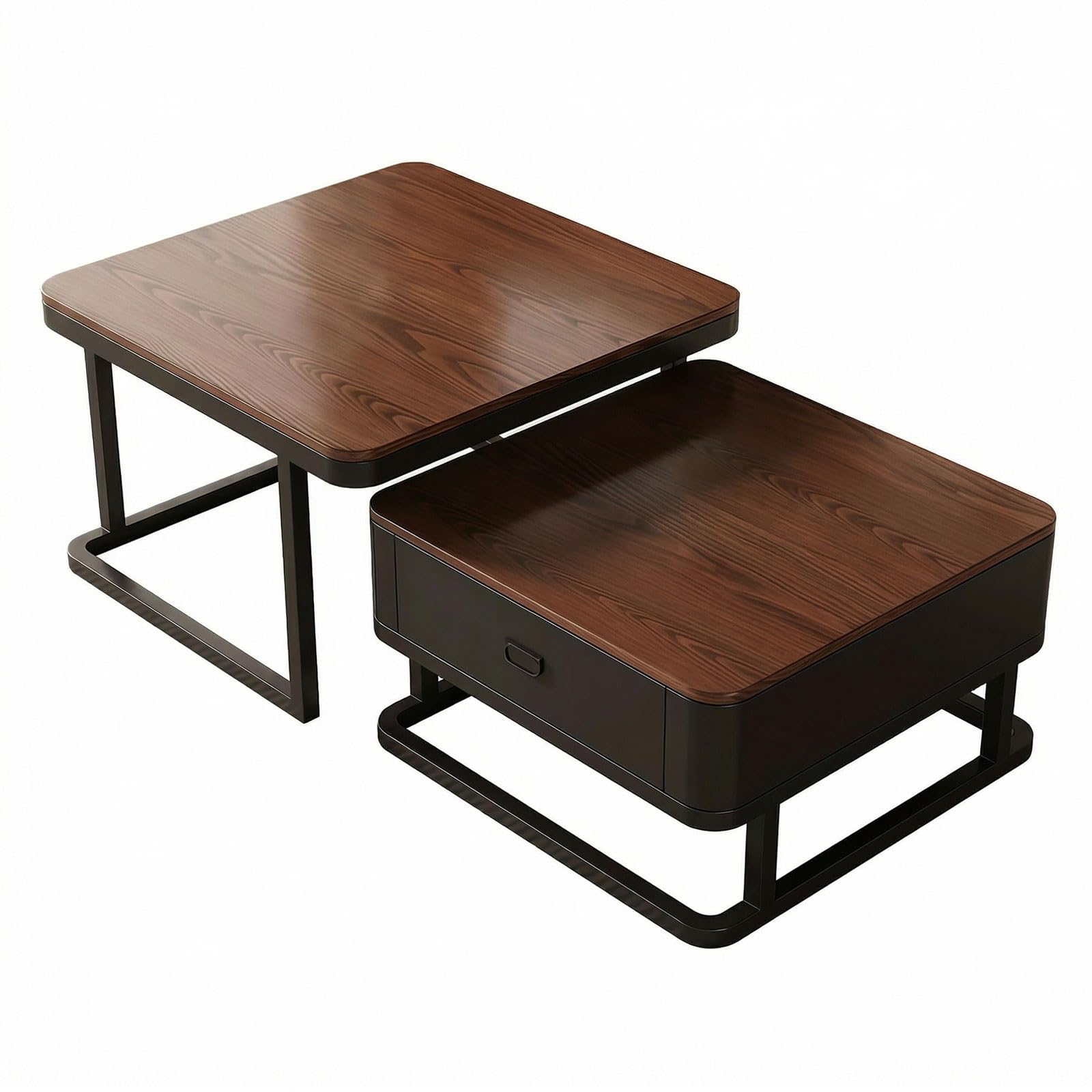 Couchtisch rund 2er Set mit Stauraum, Wohnzimmertisch mit Holz Schubladen, Walnussoptik und Metallrahmen, Moderne Kaffeetische Satztische Sofatisch für Wohnzimmer Schlafzimmer