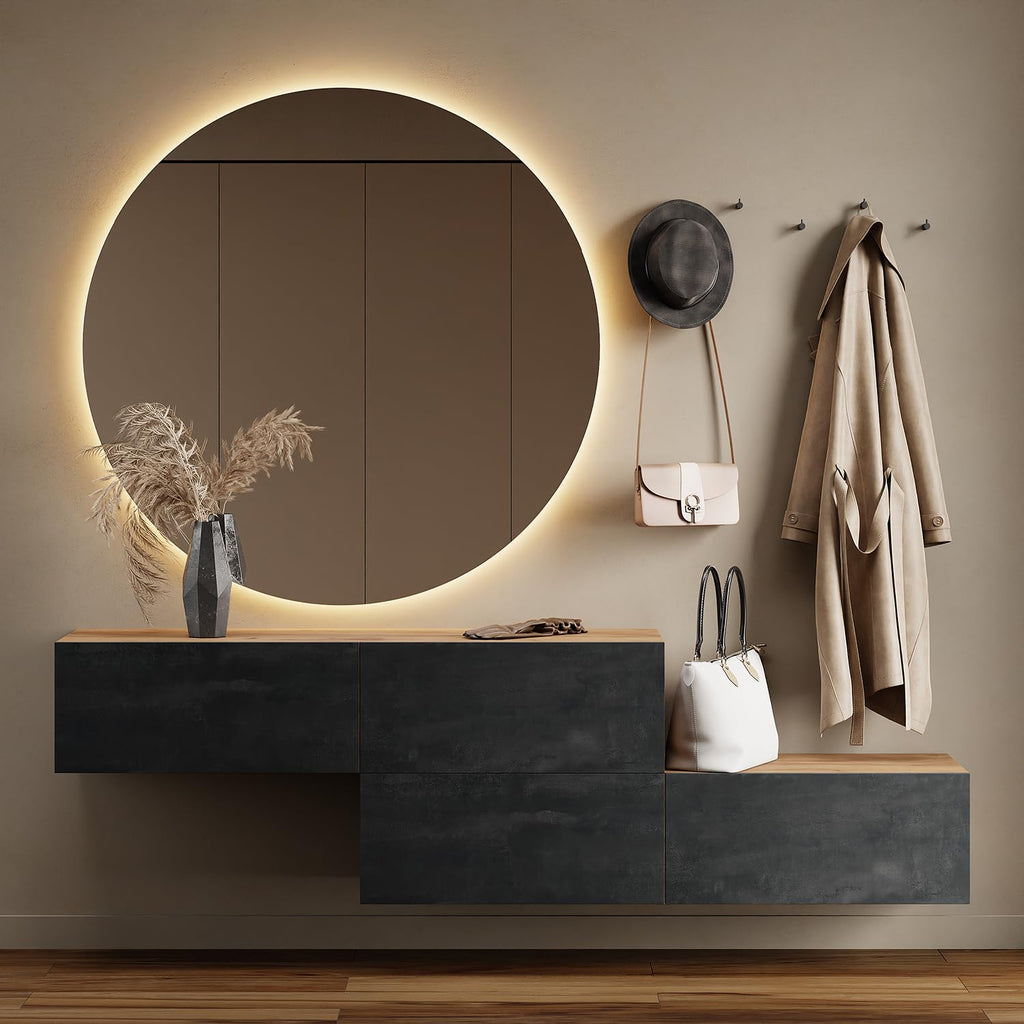 Planetmöbel Flur Garderobe mit Stauraum & Klappe – Hängeschrank Wandgarderobe Holzwerkstoff Gold Eiche Anthrazit