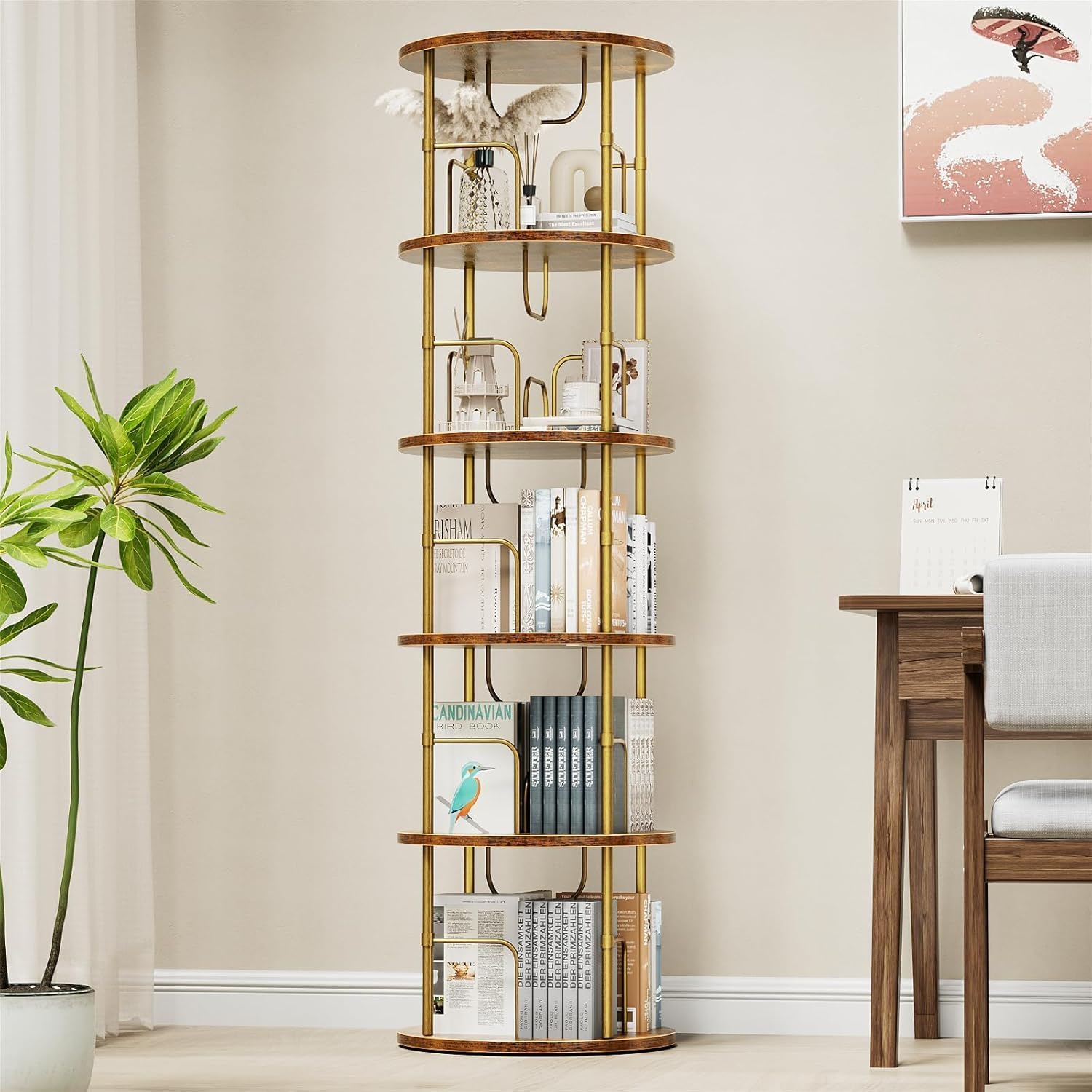 360° Drehbares Bücherregal, Bodenstehendes Bücherschrank Aus Holz, Bookshelf Mit 5 Ebenen, Verstellbare Ebenen, Standregal, 45×45×160cm, Weiß