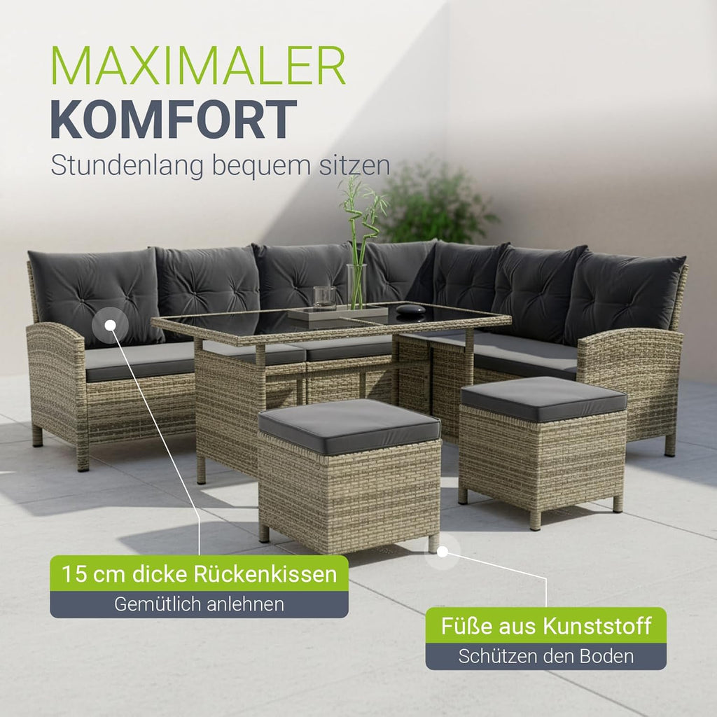Juskys Polyrattan Gartenlounge Grau – Sitzgruppe mit Ecksofa, Tisch, Hocker, wetterfest, Outdoor Möbel Set