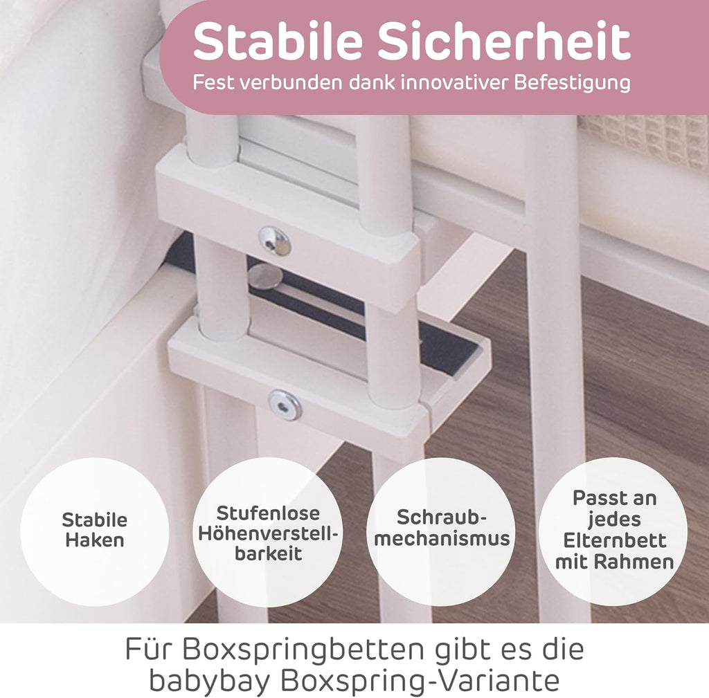 babybay Original Beistellbett aus massivem Buchenholz mit Matratze – Höhenverstellbares mitwachsendes Babybett