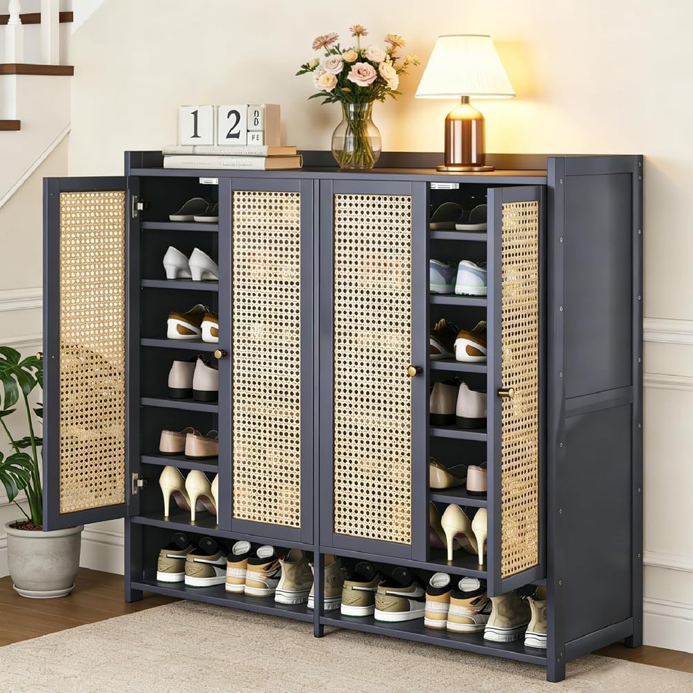 Schuhschrank Holz mit Korbgeflecht-Türen, Moderner Bambus Schuhschränke, Schuhregal mit Stauraum, Shoes Cabinet für Flur, Wohnzimmer, Schlafzimmer,H