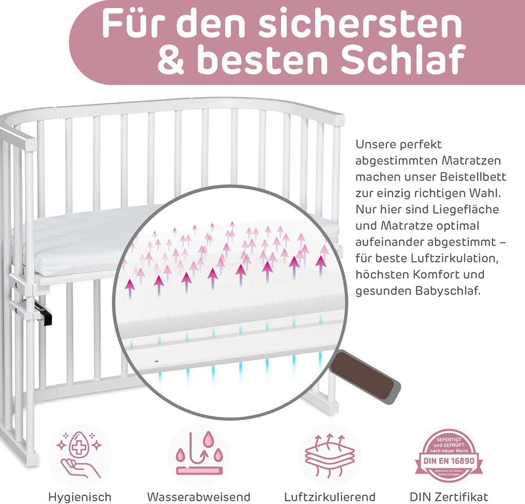 babybay Original Beistellbett aus massivem Buchenholz mit Matratze – Höhenverstellbares mitwachsendes Babybett