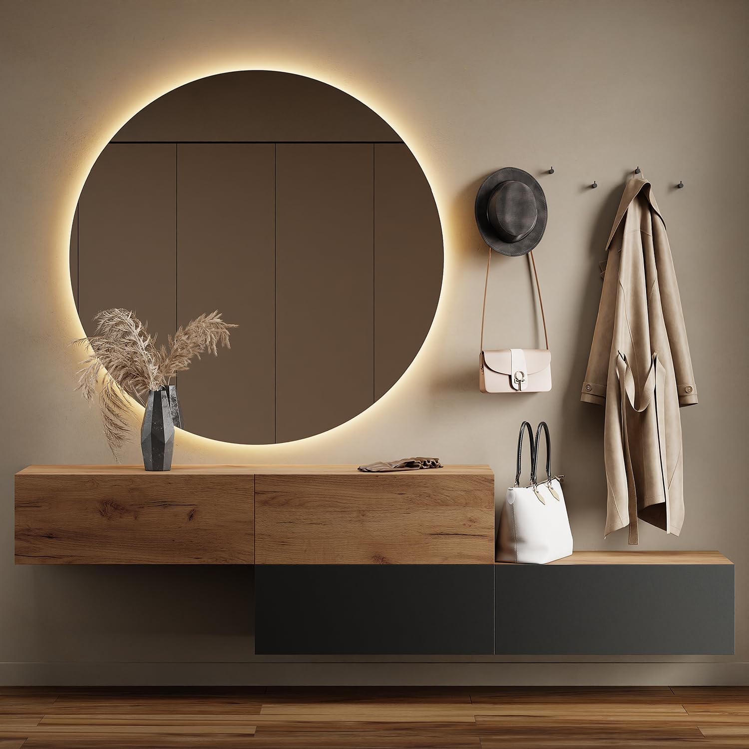 Planetmöbel Flur Garderobe mit Stauraum & Klappe – Hängeschrank Wandgarderobe Holzwerkstoff Gold Eiche Anthrazit