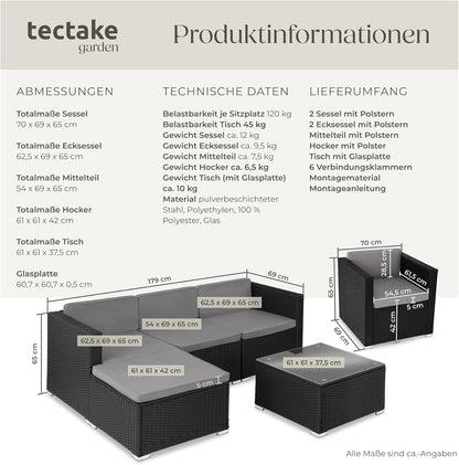 tectake Poly Rattan Lounge Gartenmöbel Set mit Sofa, Sesseln & Tisch – Wetterfeste Outdoor Sitzgruppe