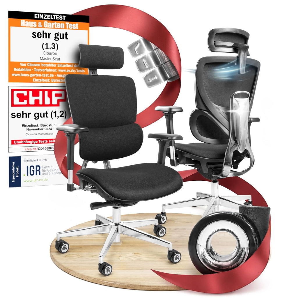 CLOUVOU BrightSeat Bürostuhl Ergonomisch Schwarz bis 150 kg mit Kopfstütze, Lendenstütze, 2D Armlehnen, Drehstuhl