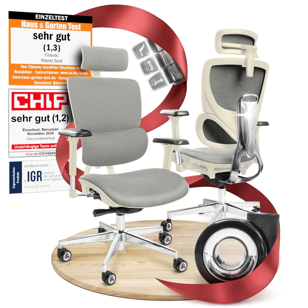 CLOUVOU BrightSeat Bürostuhl Ergonomisch Schwarz bis 150 kg mit Kopfstütze, Lendenstütze, 2D Armlehnen, Drehstuhl