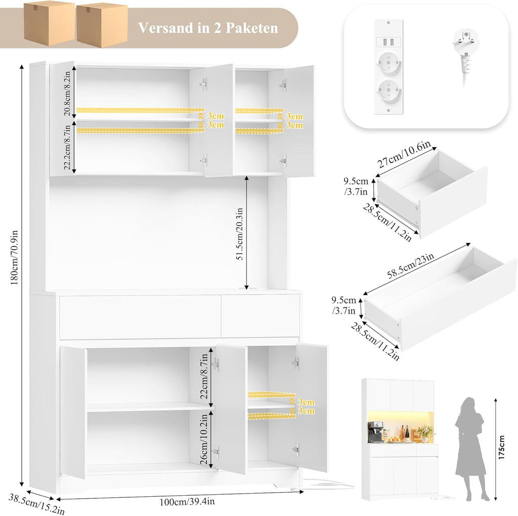 FirFurd Küchenschrank Buffetschrank Weiß 180x100x38,5 cm mit LED, Steckdose, Arbeitsplatte, Sideboard mit Türen & Schubladen