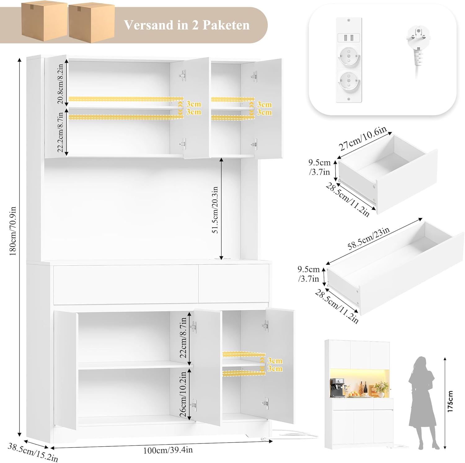 FirFurd Küchenschrank Buffetschrank Weiß 180x100x38,5 cm mit LED, Steckdose, Arbeitsplatte, Sideboard mit Türen & Schubladen