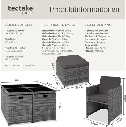 tectake Rattan Lounge Set mit Aluminiumgestell, 4 Stühle, 4 Hocker & Glastisch Wetterfeste Gartenmöbel
