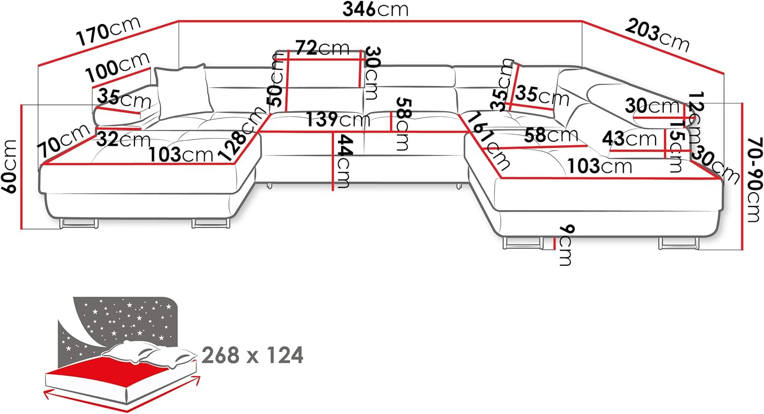 Mirjan24 Torezio Bis Ecksofa U-Form mit Schlaffunktion und Bettkasten, verstellbare Kopfstützen