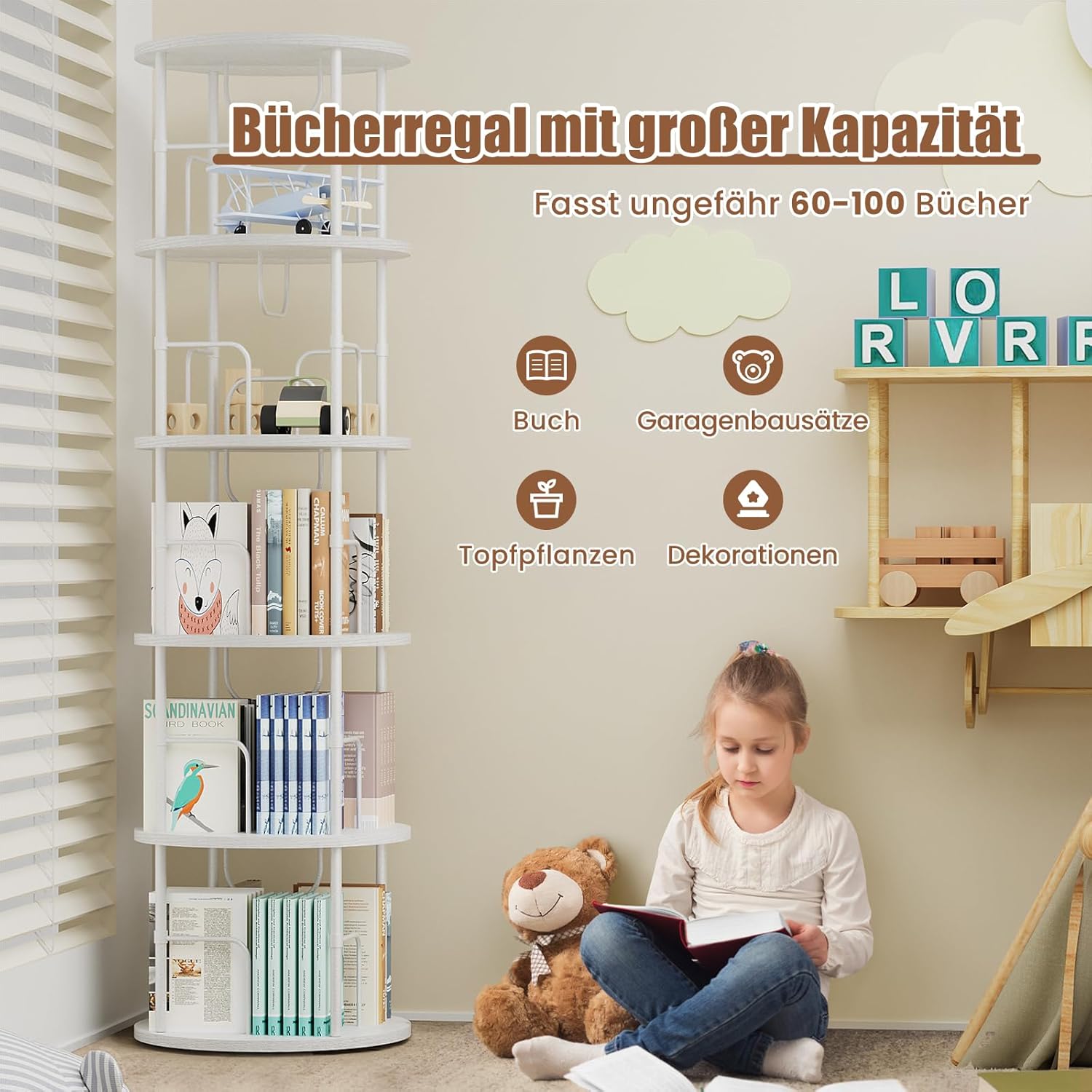 360° Drehbares Bücherregal, Bodenstehendes Bücherschrank Aus Holz, Bookshelf Mit 5 Ebenen, Verstellbare Ebenen, Standregal, 45×45×160cm, Weiß