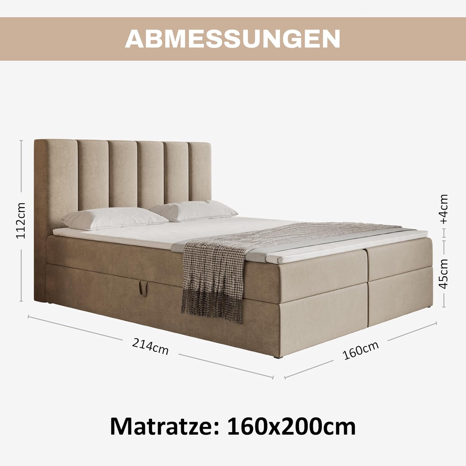 Motivena Santiago Boxspringbett 160x200 Beige Samt – Bett mit Bettkasten, Bonellfederkern Matratze H4 & Komfortschaum Topper H3