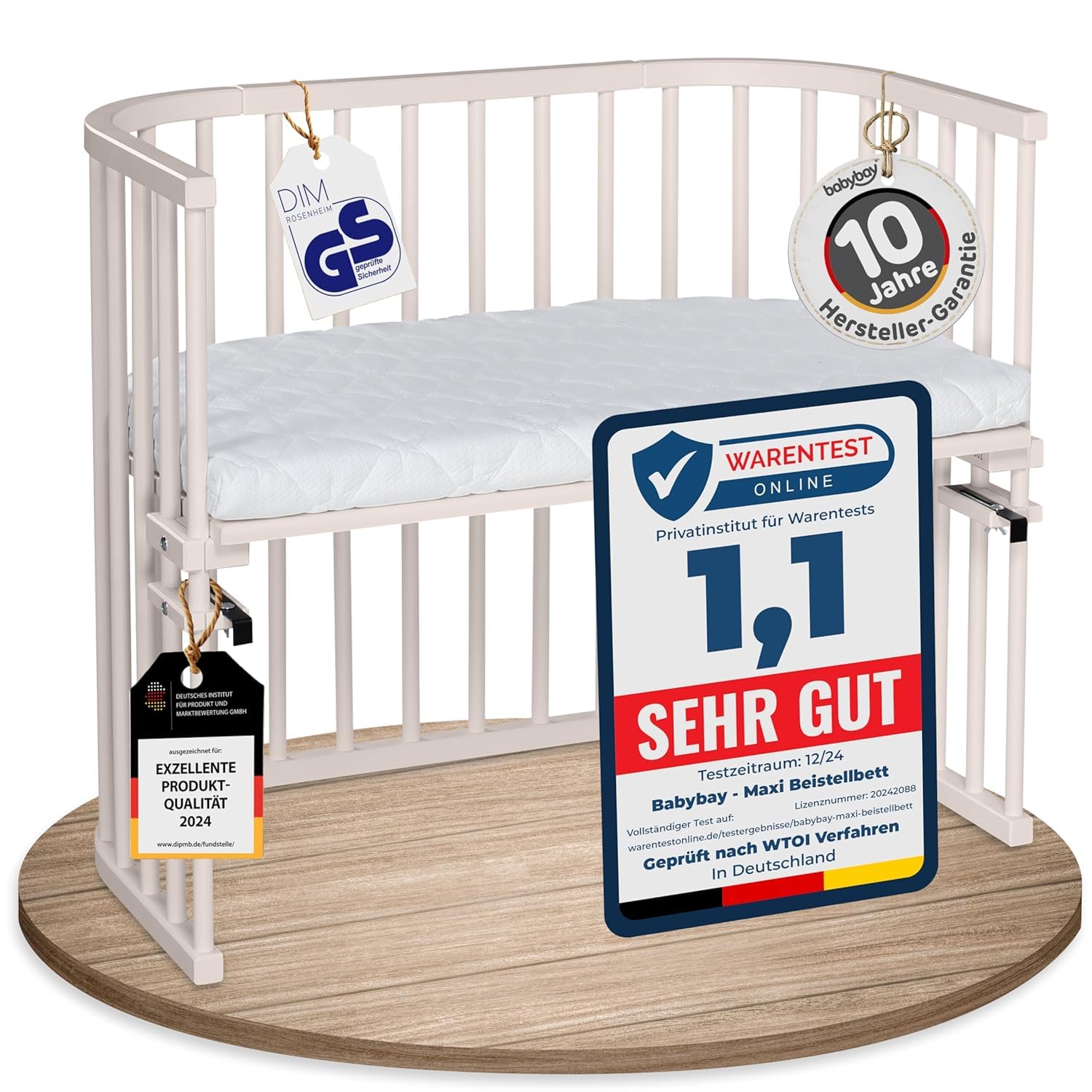 babybay Original Beistellbett aus massivem Buchenholz mit Matratze – Höhenverstellbares mitwachsendes Babybett