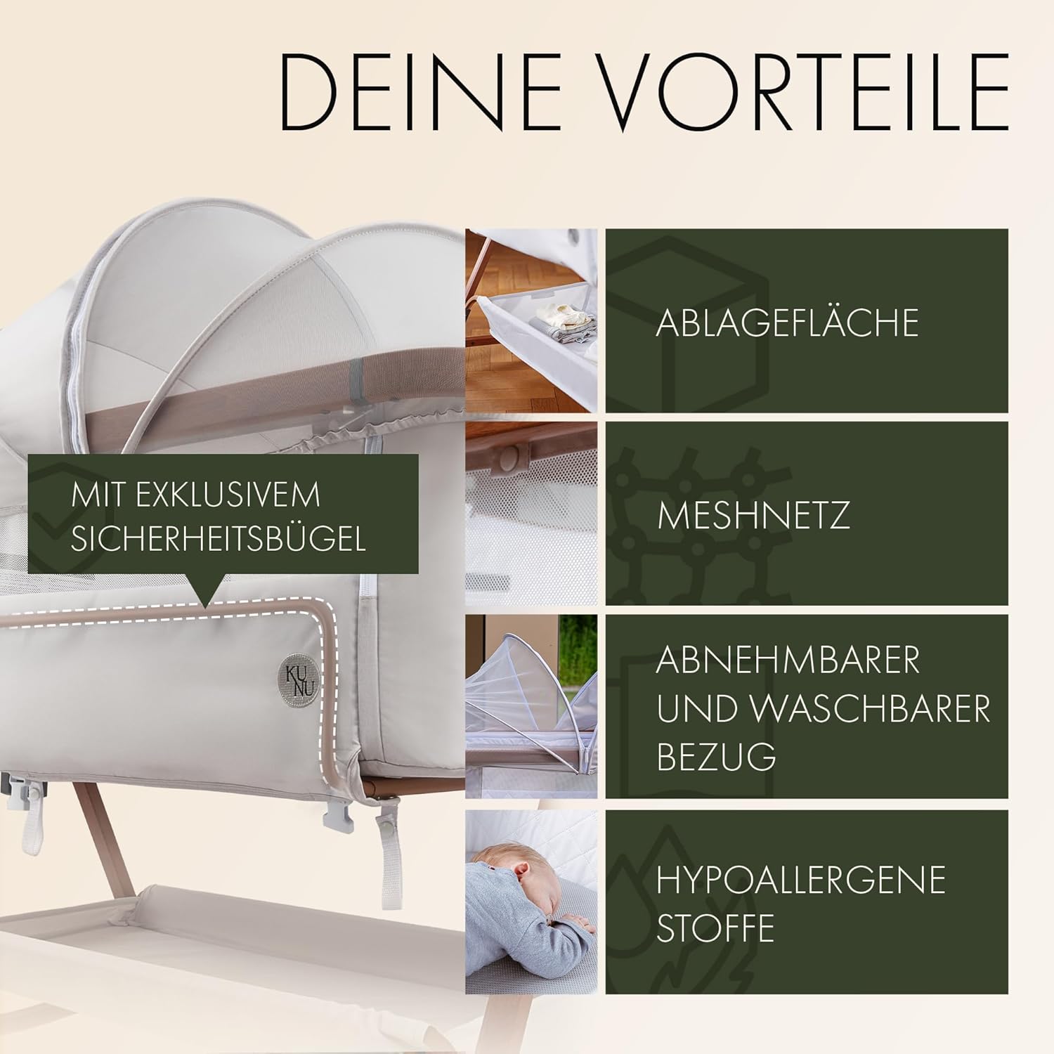 KUNU Babybett Beistellbett 3in1 mit Rollen Beige höhenverstellbar