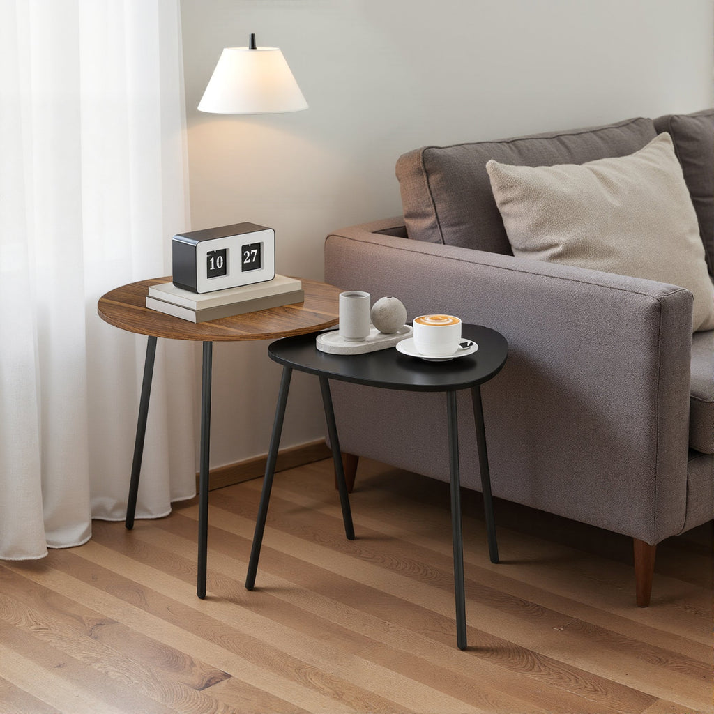 Elegantes Set mit 2 Satztischen in Walnussoptik und Schwarz – Runder & Dreieckiger Couchtisch im Modernen Design