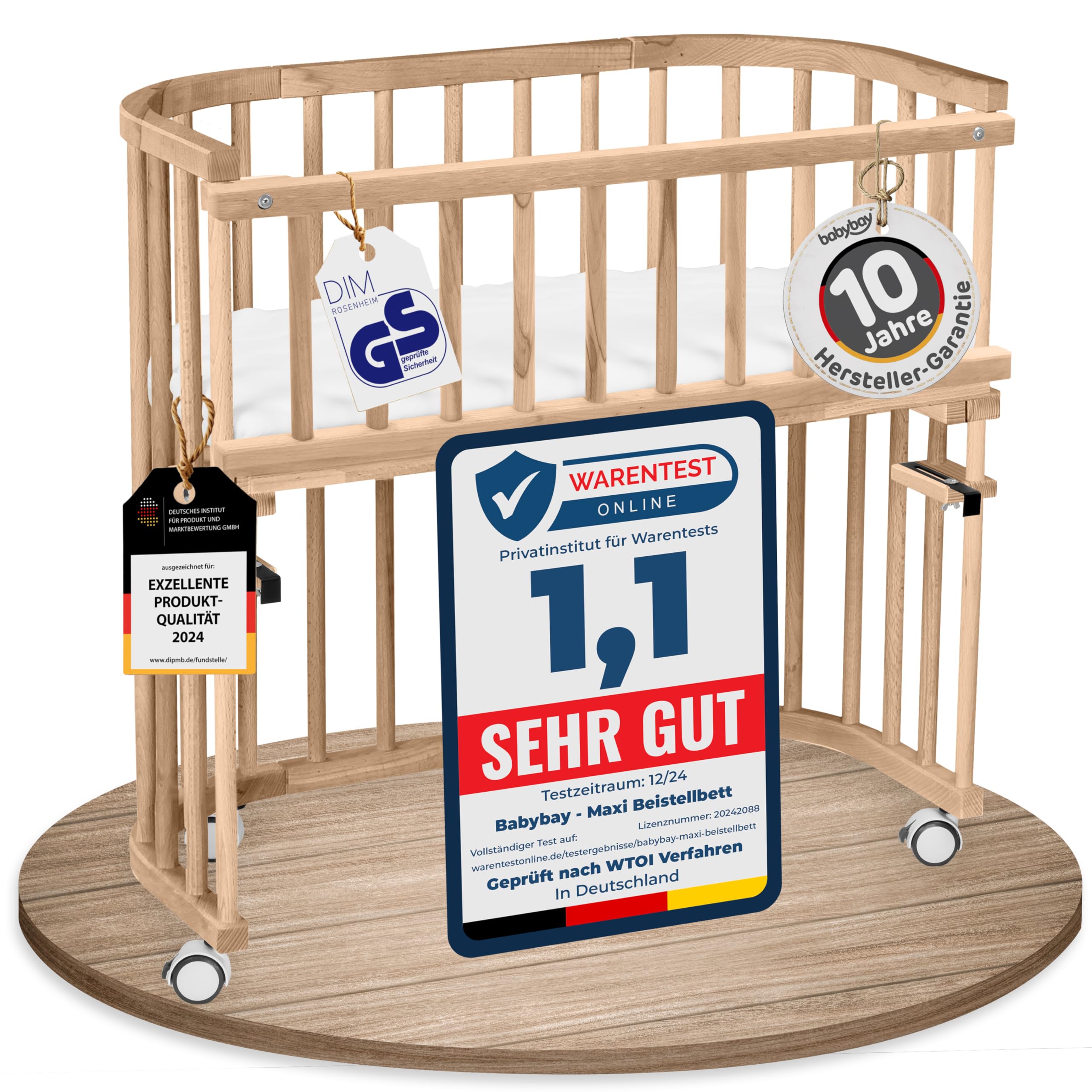 babybay Original Beistellbett aus massivem Buchenholz mit Matratze – Höhenverstellbares mitwachsendes Babybett