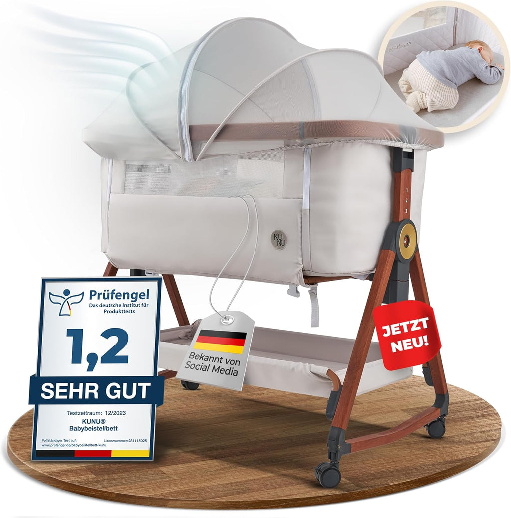 KUNU Babybett Beistellbett 3in1 mit Rollen Beige höhenverstellbar