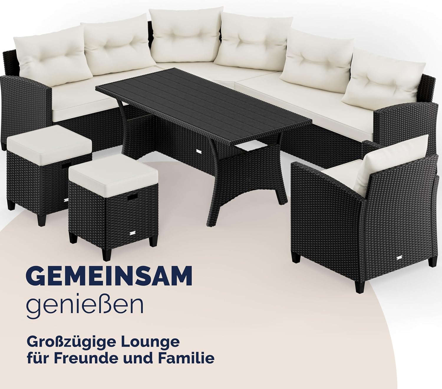 Casaria Polyrattan Ecklounge Set Schwarz mit WPC Tisch, Sessel & 2 Hockern, Wetterfeste Gartenmöbel für Terrasse & Balkon