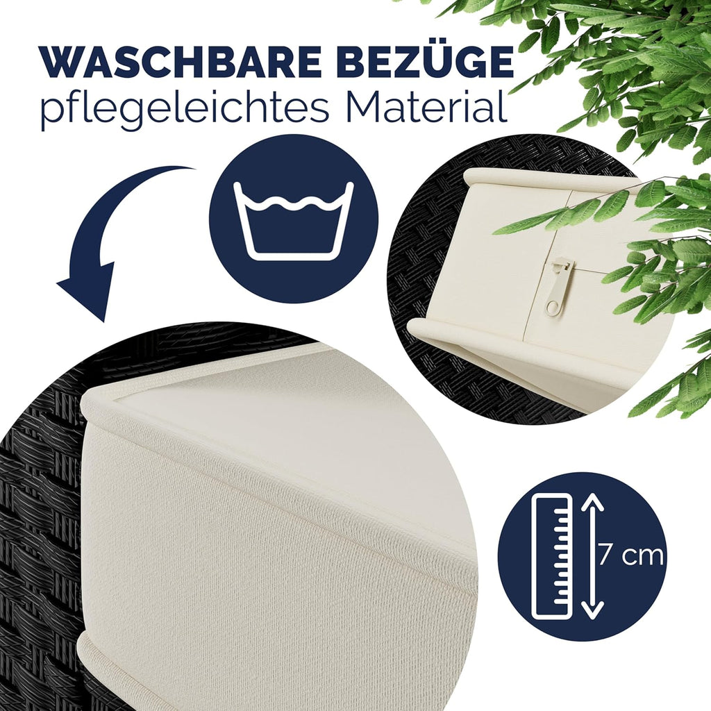 Casaria Polyrattan Ecklounge Set Schwarz mit WPC Tisch, Sessel & 2 Hockern, Wetterfeste Gartenmöbel für Terrasse & Balkon
