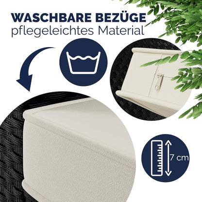 Casaria Polyrattan Ecklounge Set Schwarz mit WPC Tisch, Sessel & 2 Hockern, Wetterfeste Gartenmöbel für Terrasse & Balkon