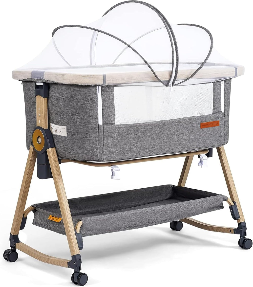 Maydolly 3-in-1 Baby Beistellbett Grau mit Matratze & Moskitonetz, Höhenverstellbares Reisebett mit Rollen für Neugeborene