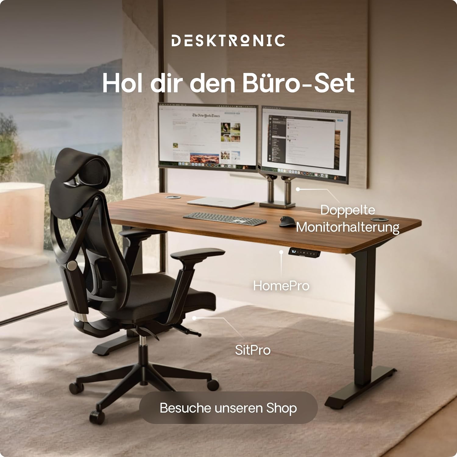 Desktronic HomePro Höhenverstellbarer Schreibtisch Elektrisch – Ergonomischer Steh Sitz Schreibtisch mit Dual Motor, Touchscreen, USB-A & USB-C