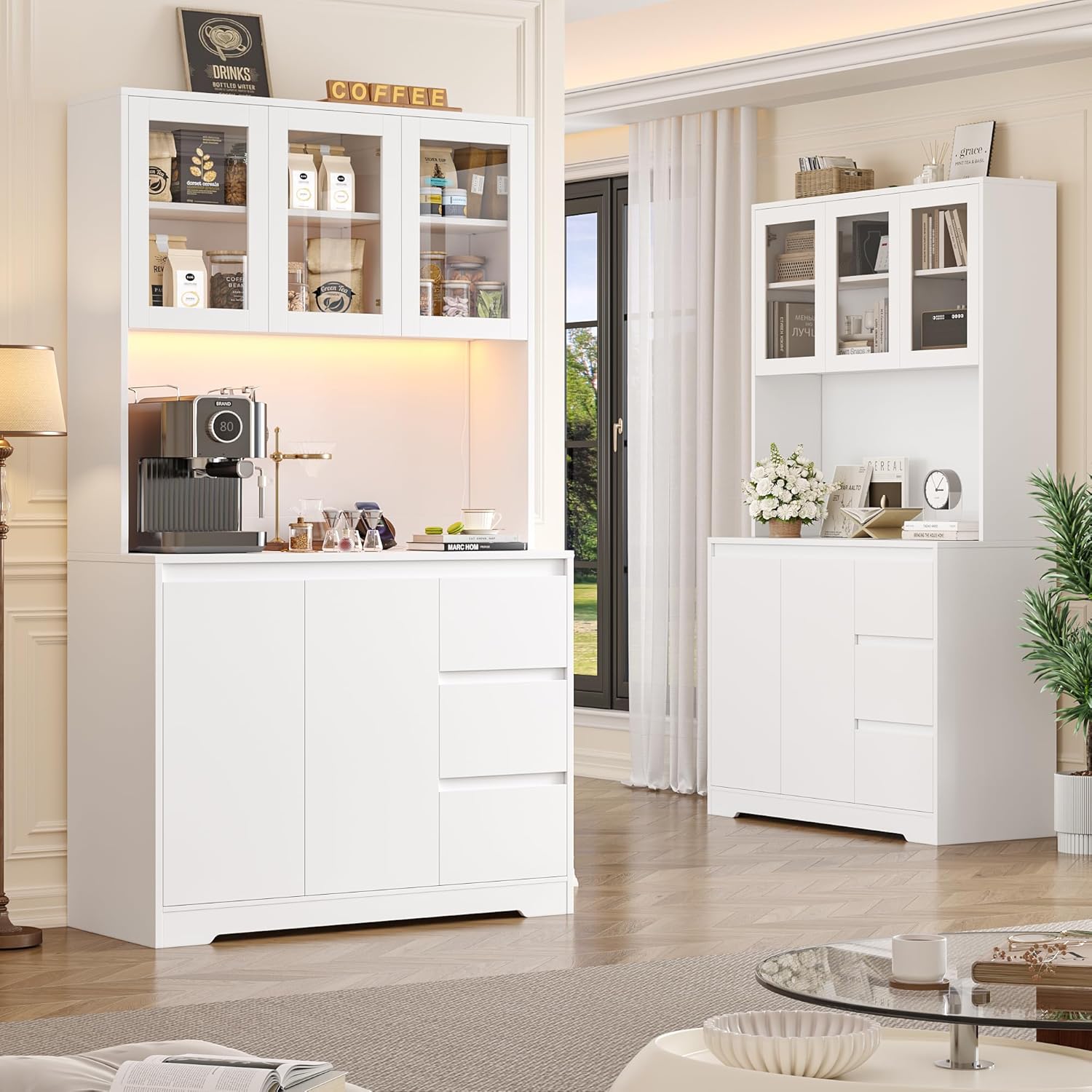 FirFurd Küchenschrank Weiß 180x100x38,5 cm mit LED, Steckdose, Arbeitsplatte, Buffetschrank mit Glastüren & 3 Schubladen