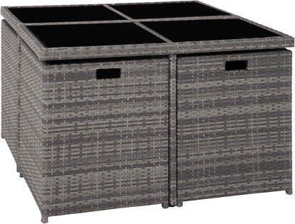 tectake Rattan Lounge Set mit Aluminiumgestell, 4 Stühle, 4 Hocker & Glastisch Wetterfeste Gartenmöbel
