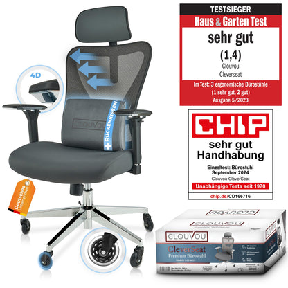 CLOUVOU BrightSeat Bürostuhl Ergonomisch Schwarz bis 150 kg mit Kopfstütze, Lendenstütze, 2D Armlehnen, Drehstuhl