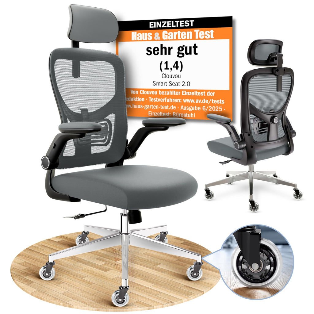 CLOUVOU BrightSeat Bürostuhl Ergonomisch Schwarz bis 150 kg mit Kopfstütze, Lendenstütze, 2D Armlehnen, Drehstuhl