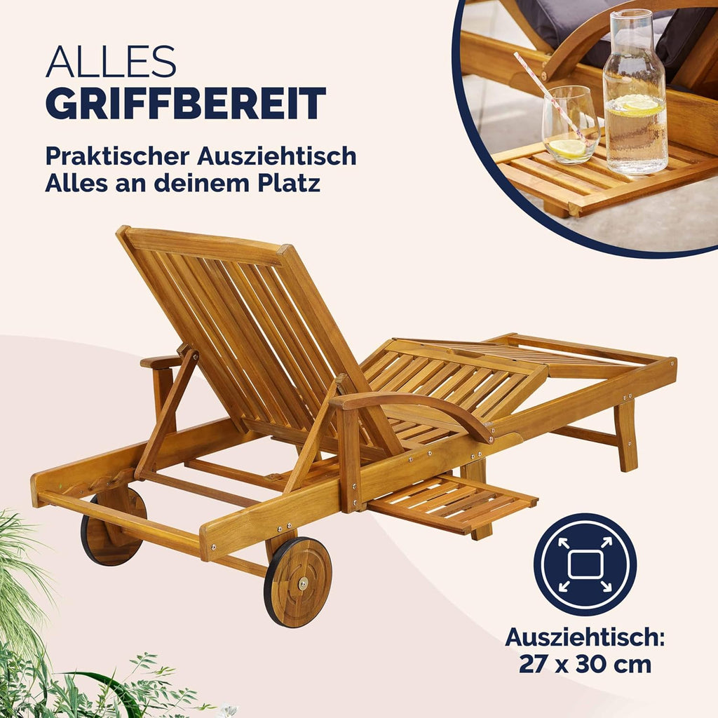 Casaria Sonnenliege 2er Set Akazienholz Klappbar Wetterfest mit Rädern & Ausziehtisch Gartenliege Braun 196 cm